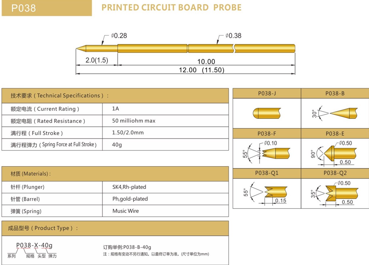 PA038測(cè)試探針總參數(shù)，華榮華探針廠家